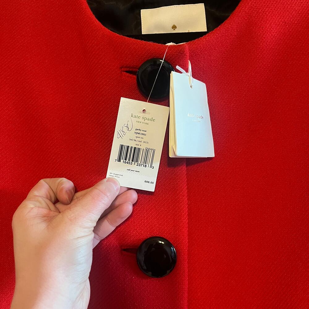 Kate Spade Garby 100% Wool Coat Red Black Ivory Size 4 NWT - Picture 5 of 6